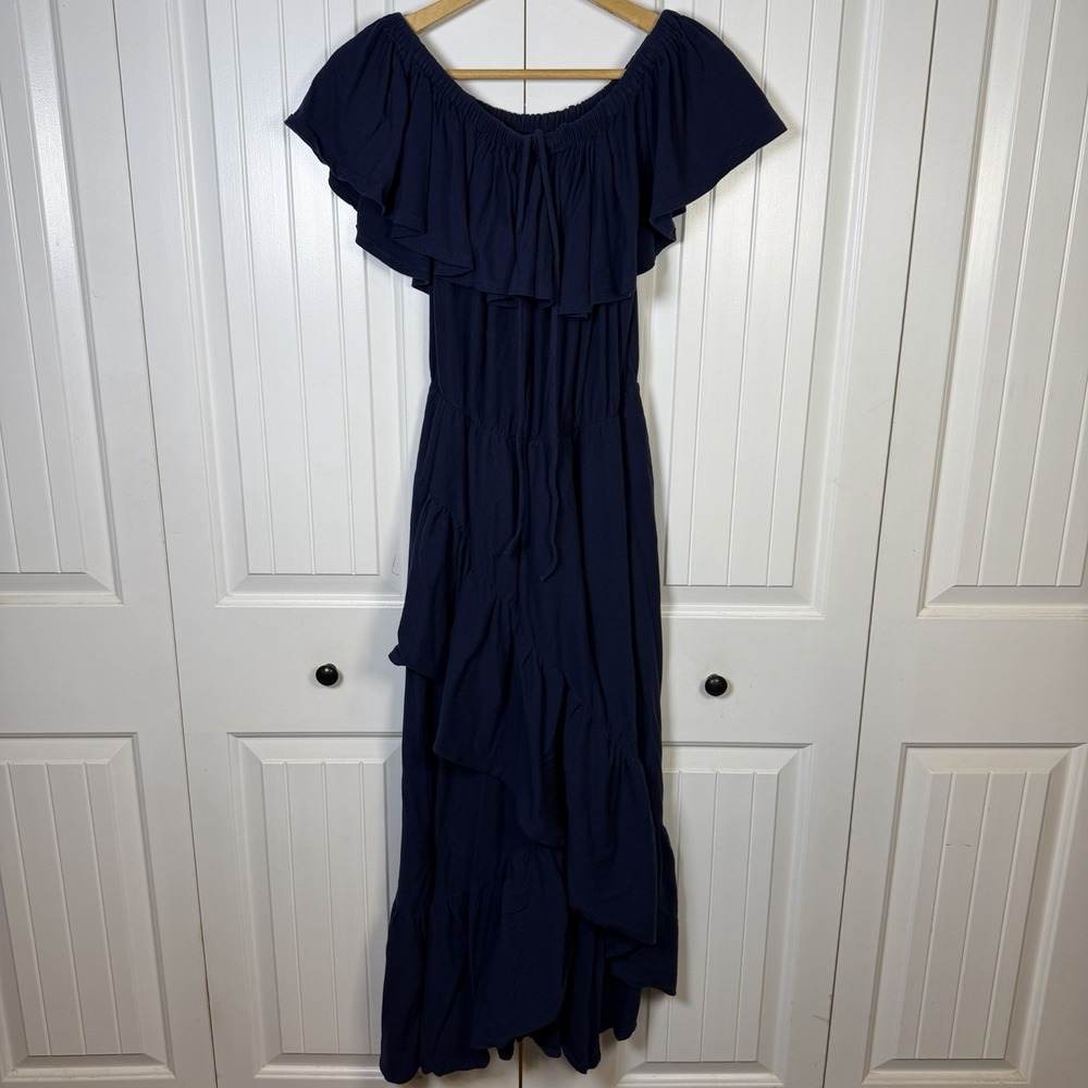 Mark D Sikes Dress Women's Size XS Off The Shoulder Ruffle Hem‎ Navy Cotton Midi